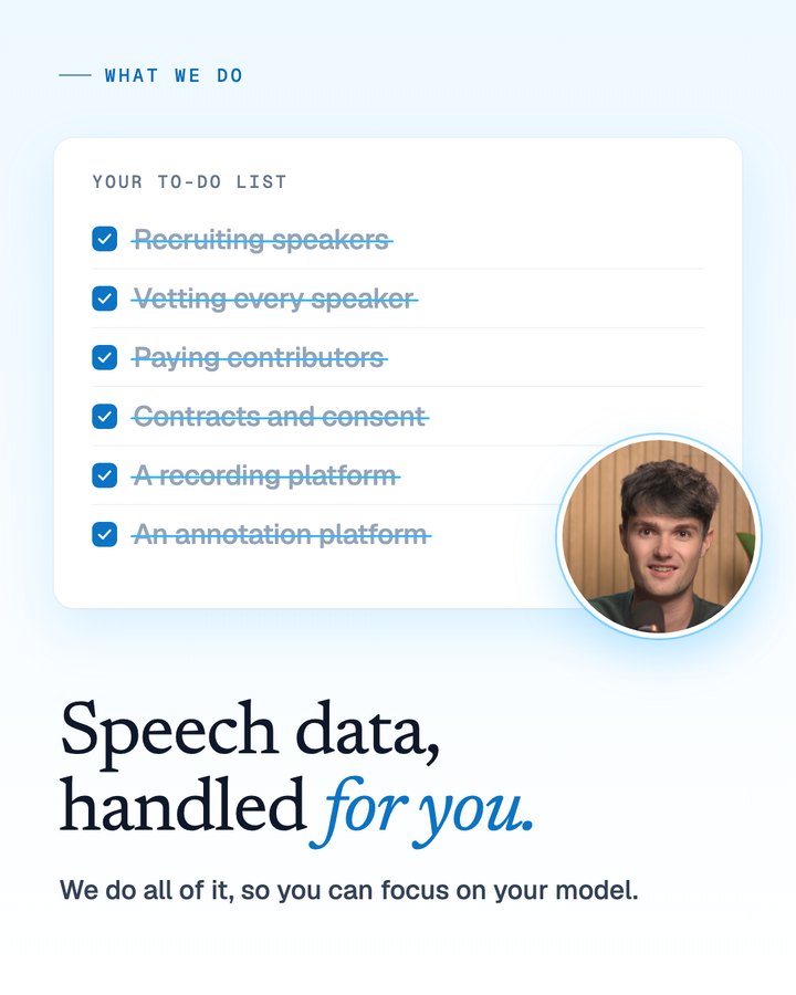 Andreas Kromann Bjærg next to a ticked-off to-do list, from recruiting speakers to an annotation platform, above the headline Speech data, handled for you